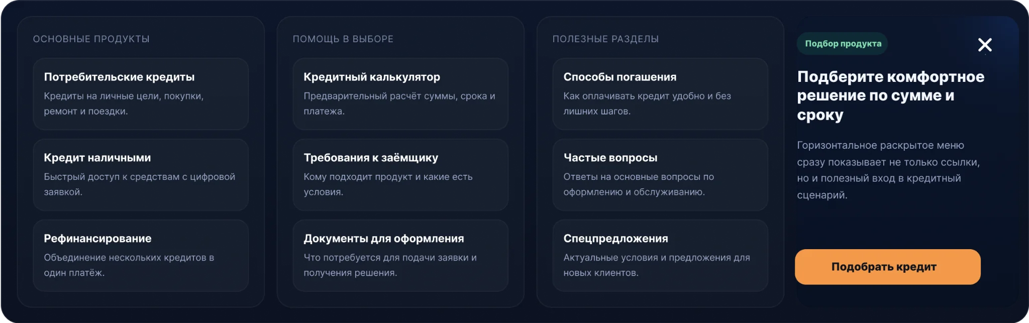 Русский Стандарт — раскрытое меню навигации, Desktop